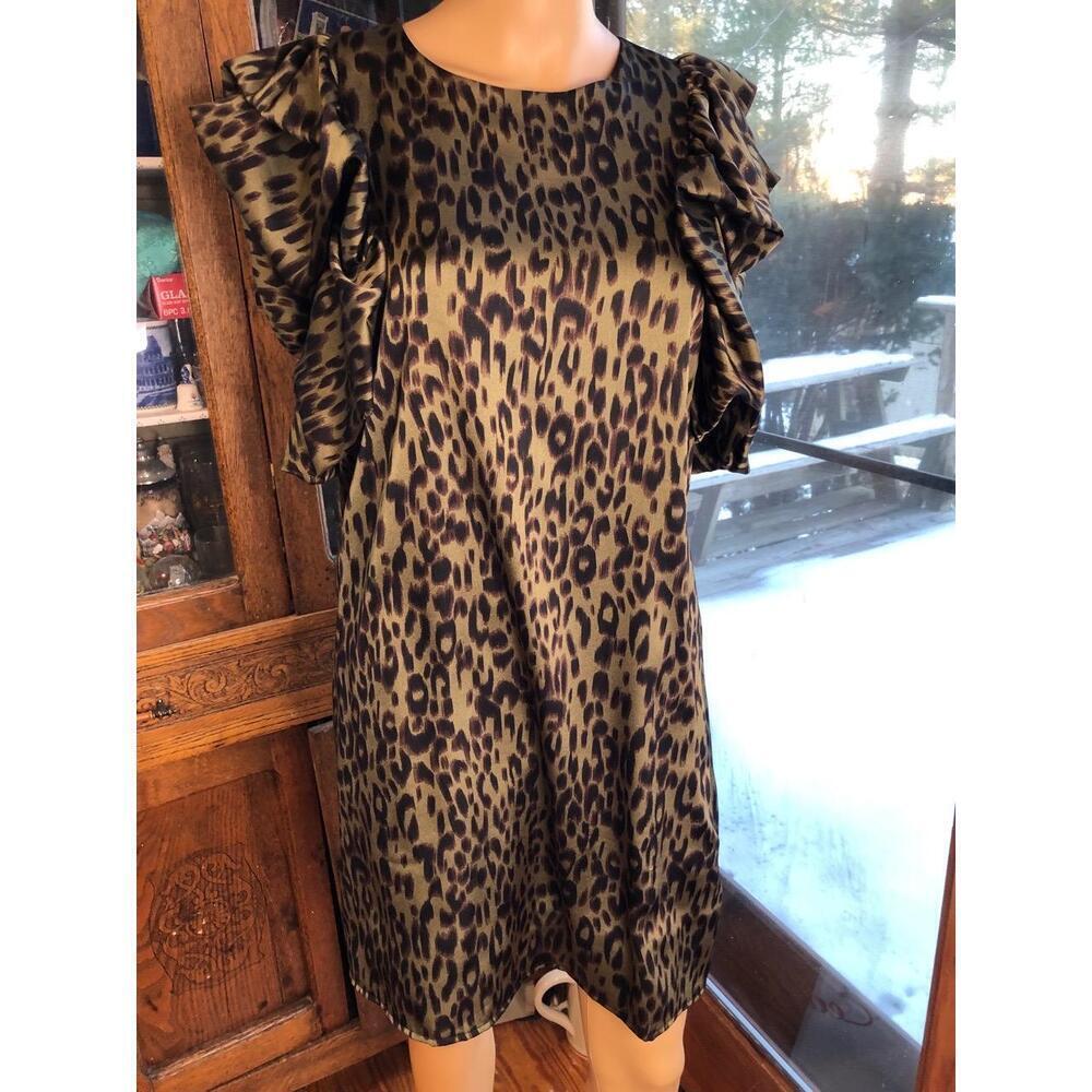 THML Leopard Print Olive Green Ruffled Sleeves Womens Shift Dress medium - Picture 1 of 8